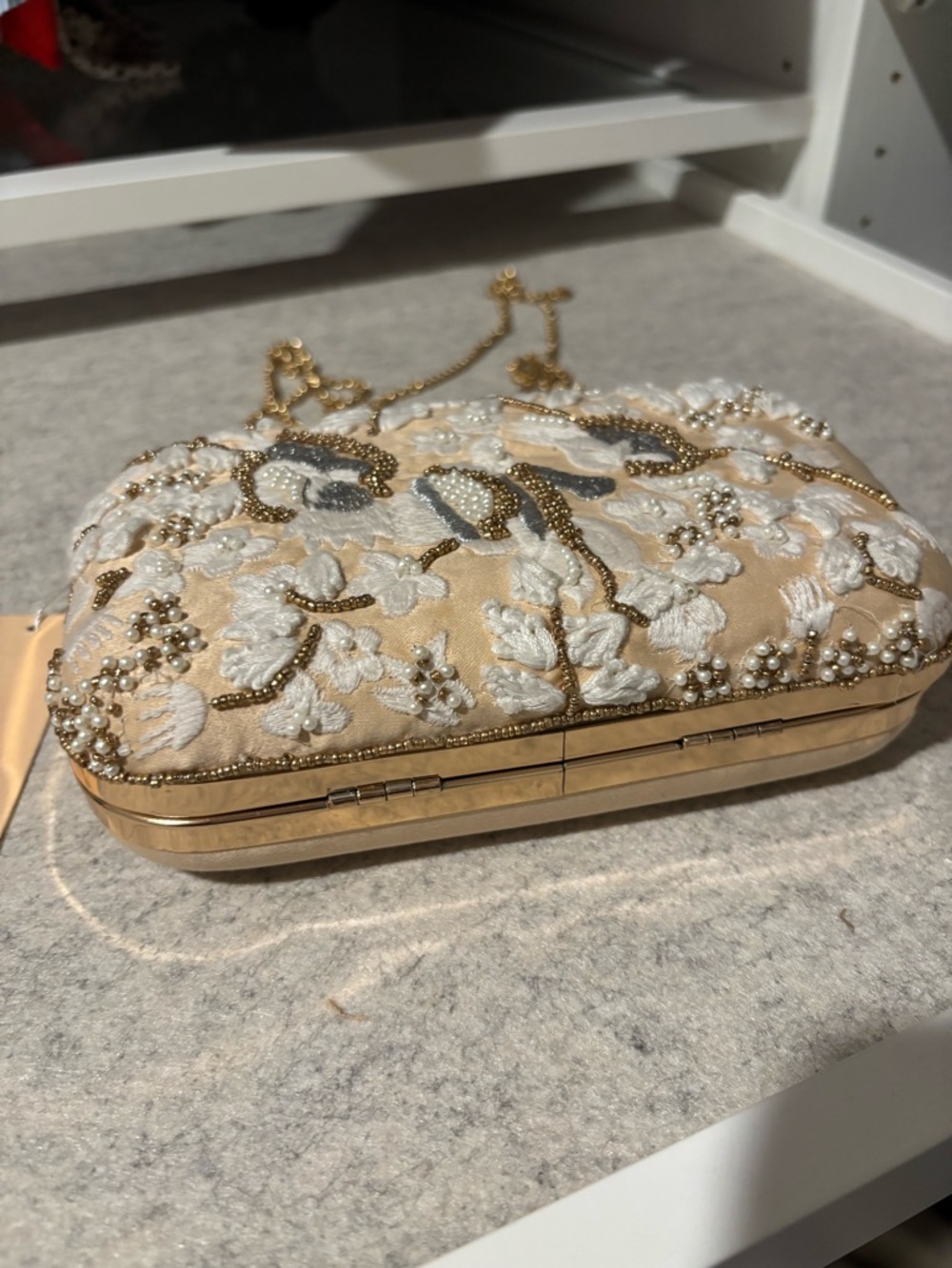 Badgley Mischka Beaded Floral Embroidered Ivory and Gold Clutch - Picture 2 of 4